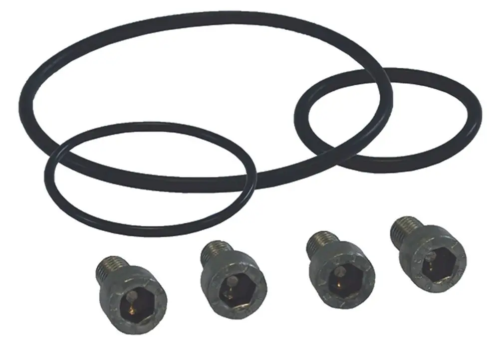 Dichtungsset von Syr mit zwei dünnen O-Ringen und einem dicken O-Ring sowie vier metallenen Schrauben mit Sechskantkopf, auf hellem Hintergrund angeordnet.